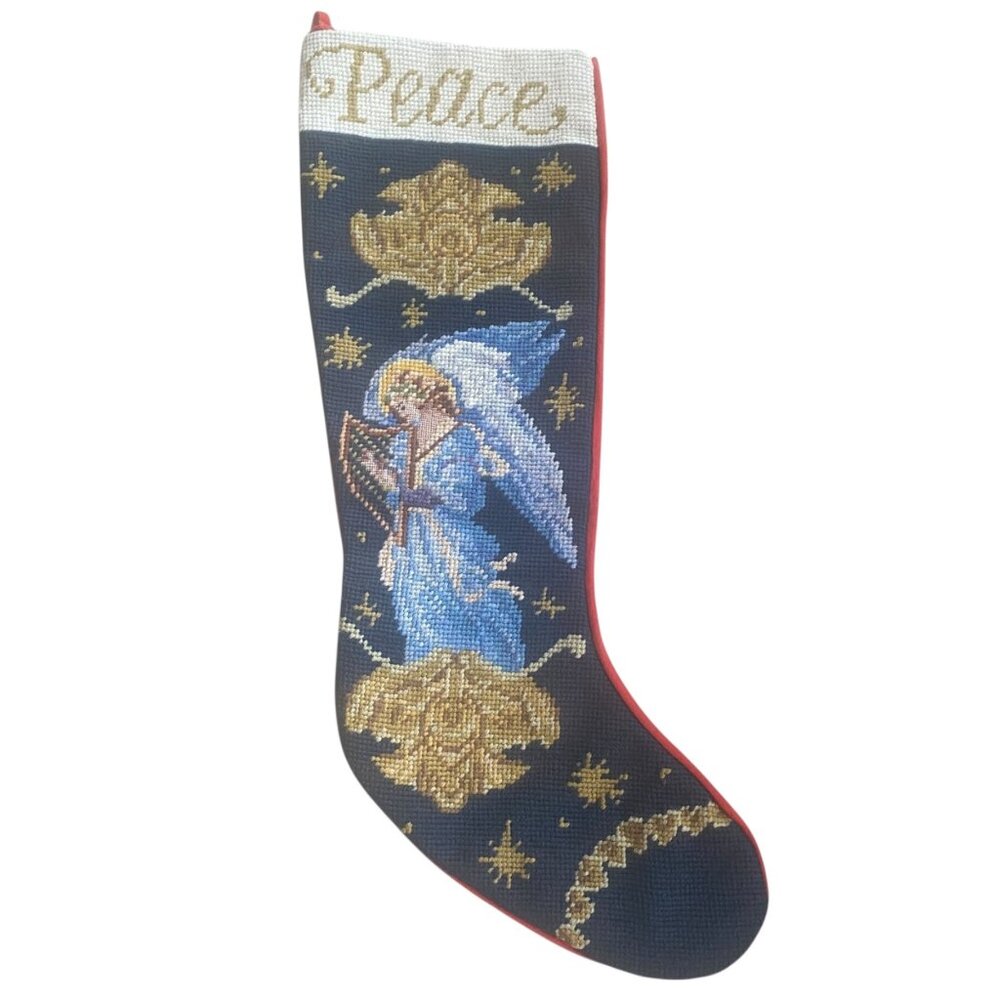 Handmade Needlepoint Christmas Stocking Angel‎ with Harp Peace Wool 19"